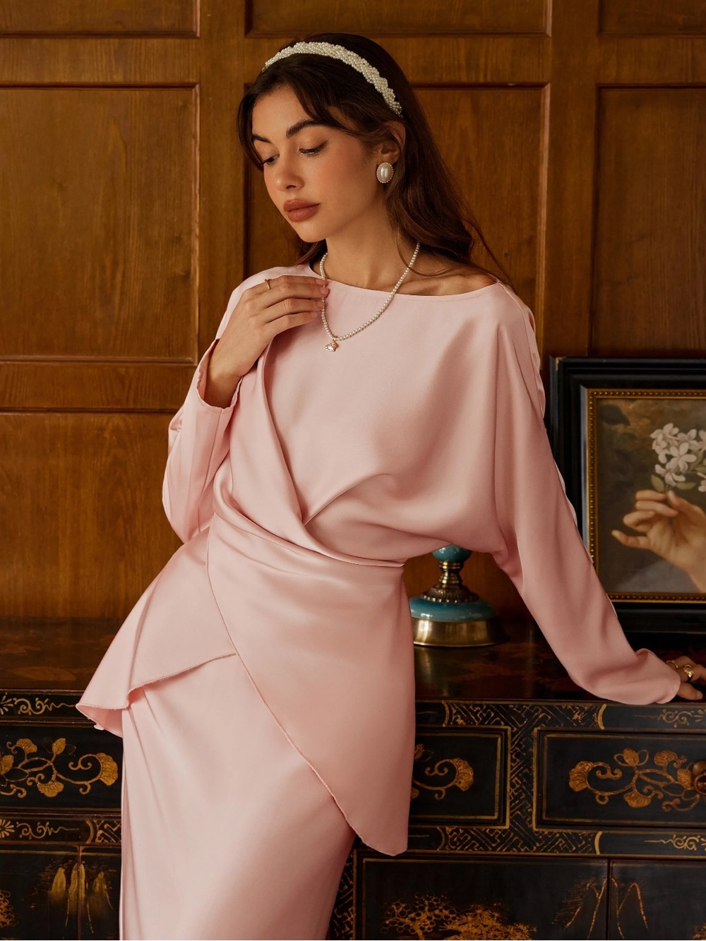 NWT CIDER SATIN BOAT NECK ASYMMETRICAL HEM TOP & MAXI SKIRT SET - Picture 4 of 16